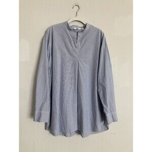 Uniqlo Striped Popover Henley Shirt LARGE Women Blue Structured Classic Cotton